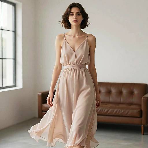 Photograph of a pale-skinned woman with shoulder-length brown hair, wearing a flowing pink V-neck dress, standing in a bright room with a brown