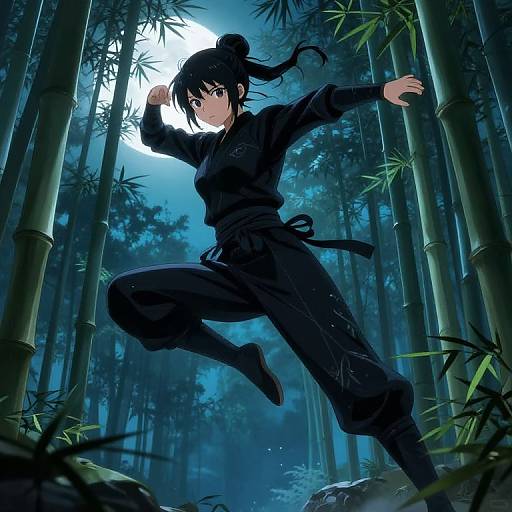 Digital anime artwork of a black-clad female ninja with a topknot, mid-leap in a moonlit bamboo forest, fists raised.