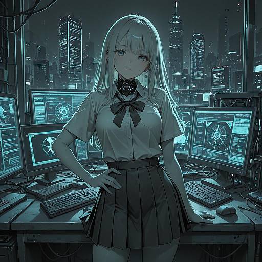 Cyberpunk Schoolgirl in Command Center