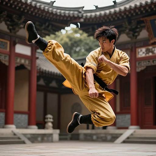 Photograph of an Asian male martial artist mid-air kick in a traditional yellow gi, black boots, within a red-roofed temple courtyard.