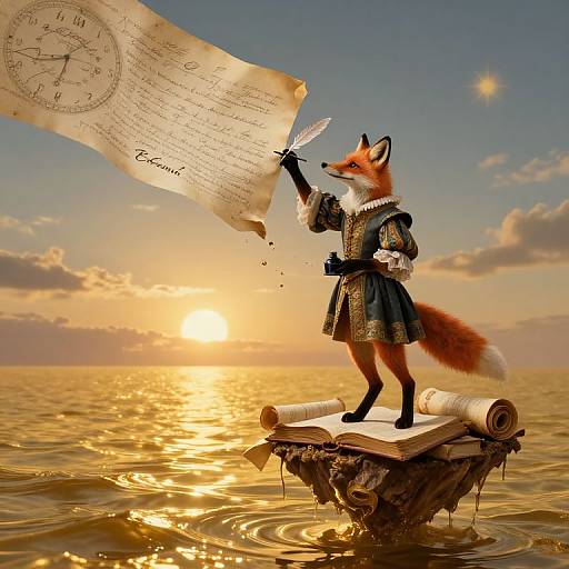 Anthropomorphic fox in Renaissance attire, standing on a floating rock, quill in hand, signing a parchment at sunset, ocean background.