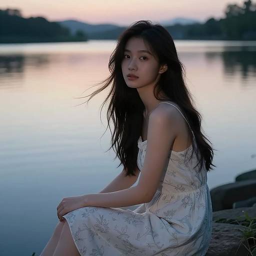Serene Girl by Lakeside at Dusk