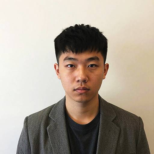 Photograph of an Asian man with short black hair, medium build, wearing a gray blazer over a black shirt, against a plain white background.