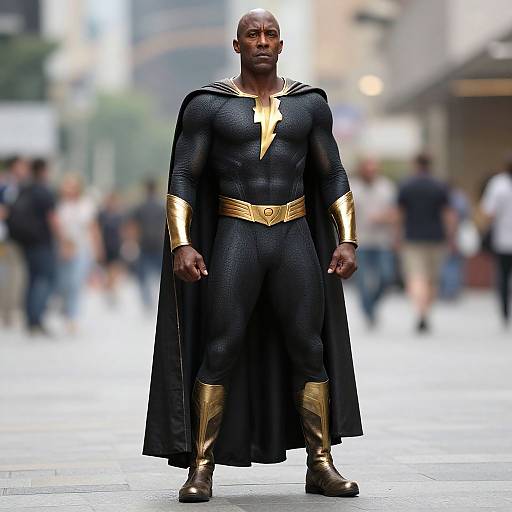 Photograph of a muscular Black man in a black superhero suit with gold accents, cape, and boots, standing confidently on a city street. Blurred