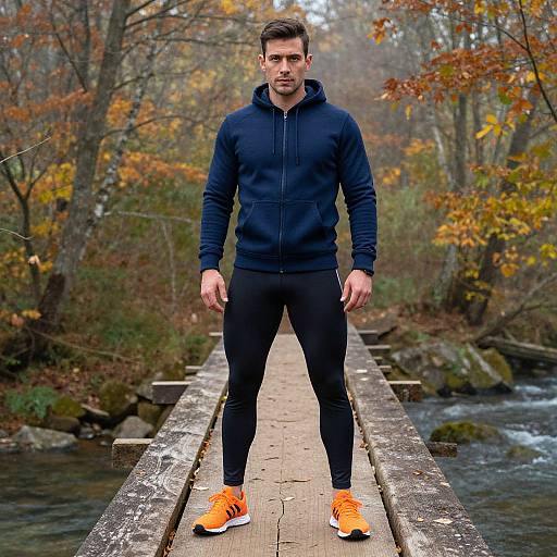 Photograph of a fit, muscular man with short brown hair, wearing a black hoodie, black leggings, and orange sneakers, standing on a wooden bridge