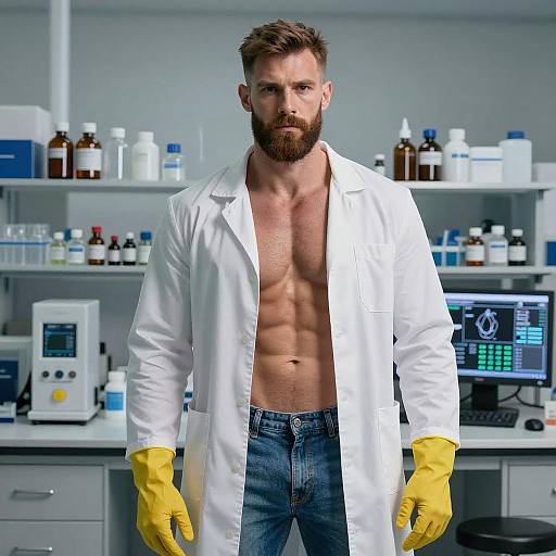 Muscular Bearded Man in Modern Lab