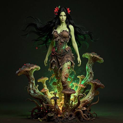 Digital artwork of a green-skinned, black-haired woman with red flowers in her hair, wearing a brown, leafy dress, standing over glowing,