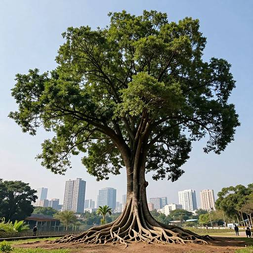 Photograph of a large, leafy tree with extensive root system in a park, with modern skyscrapers and clear blue sky in the background.