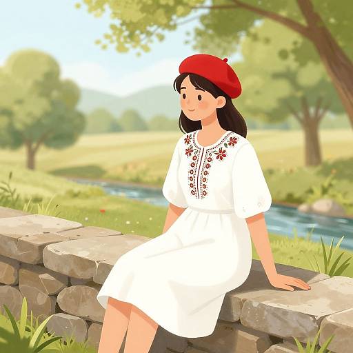 Young Woman in Red Beret Illustration