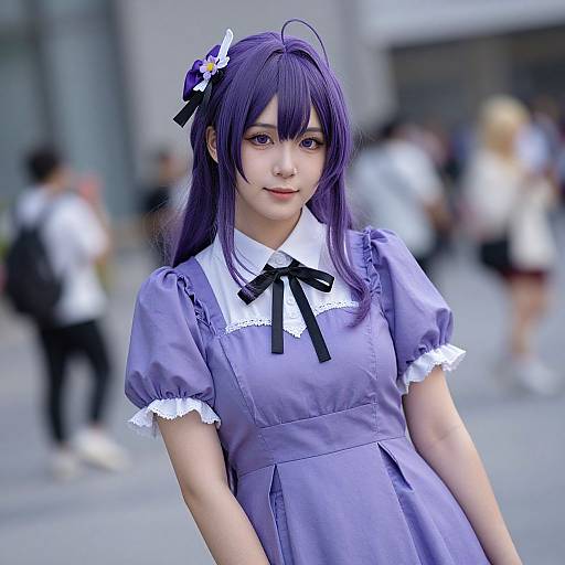 Photograph of an Asian woman in a purple anime-style dress with white frills, black ribbon, and purple hair, standing in a blurred urban setting