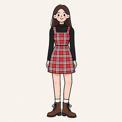 Cartoon-style drawing of a smiling girl with long brown hair, wearing a red plaid dress over a black long-sleeve shirt, brown boots