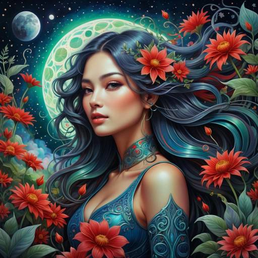 Fantasy Portrait of Woman with Blue Hair and Red Flowers