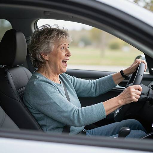 Photograph of an elderly woman with short gray hair, wearing a light blue sweater, smiling while driving a car, holding the steering wheel with both hands