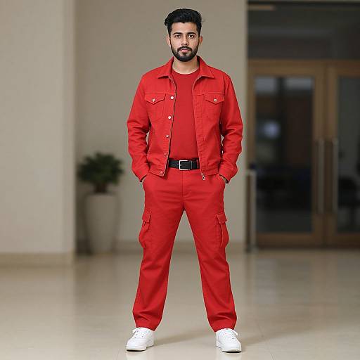 Photograph of a bearded man with dark hair, wearing a red jacket, red pants, black belt, and white shoes, standing confidently in a