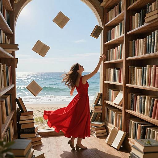 Photograph of a woman in a flowing red dress, throwing books through an arched library doorway to a sunny beach outside.