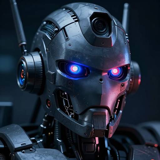 Photorealistic CGI of a futuristic, metallic robotic head with glowing blue and red eyes, intricate mechanical details, and dark, industrial background.