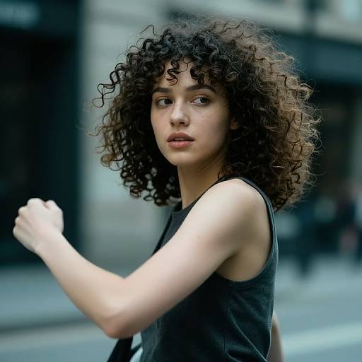 Photograph of a young woman with curly black hair, light skin, wearing a black sleeveless top, walking confidently in an urban setting.