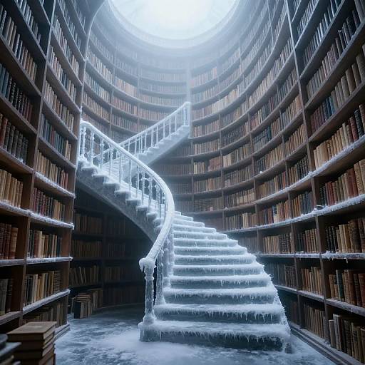 Photograph of a frost-covered spiral staircase in a grand, circular library with towering bookshelves and a bright skylight above.