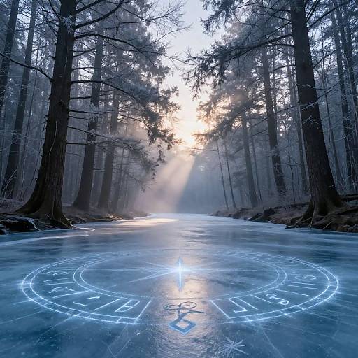 Photograph of a frozen forest stream with glowing blue magical runes on ice, sunlight streaming through misty trees in the background.