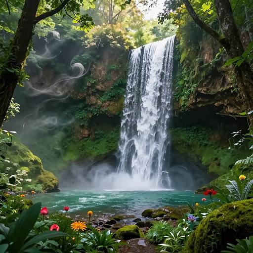 Photograph of a lush, forested waterfall with vibrant flowers in the foreground, mist rising, sunlight filtering through trees, and a clear turquoise pool at