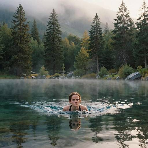 Photograph of a woman with brown hair swimming in a misty, forested lake, with tall pine trees and mist-covered mountains in the background.