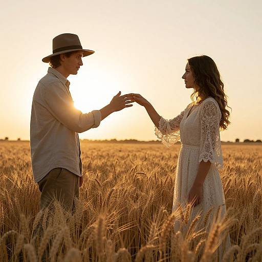 Photograph of a couple in a golden wheat field at sunset, the man in a hat and shirt, the woman in a lace dress, touching hands