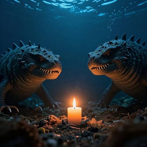 Photograph of two menacing, spiky sea monsters facing each other underwater, illuminated by a glowing candle on rocky seabed.