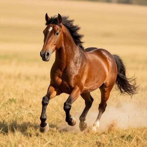 Photograph of a powerful, chestnut brown horse with a black mane and tail, galloping through a sunlit, golden field, kicking up