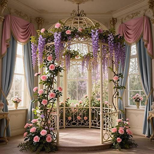 Vibrant floral arch with pink roses, purple wisteria, and greenery, set in a sunlit, elegant room with blue curtains and