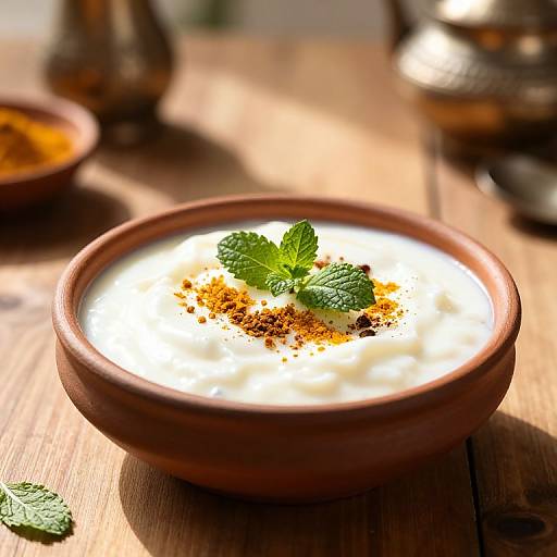 Photograph of a rustic ceramic bowl filled with creamy white yogurt, topped with fresh mint leaves and brown spice powder, on a wooden table with soft sunlight
