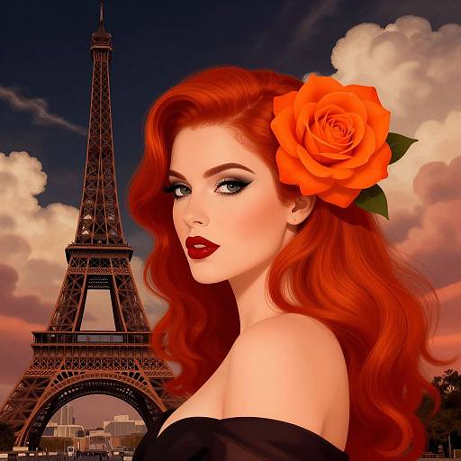 Digital artwork of a red-haired woman with vibrant orange flower in hair, red lipstick, black off-shoulder top, in front of the Eiff