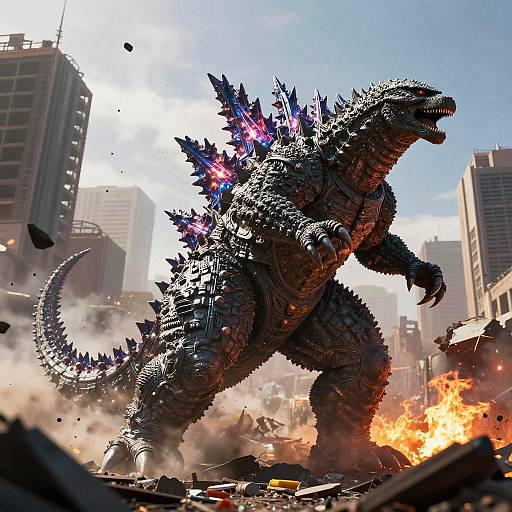Photograph-like CGI of a roaring, black-scaled Godzilla with glowing blue and purple spines, destroying a cityscape with buildings and debris. Fi