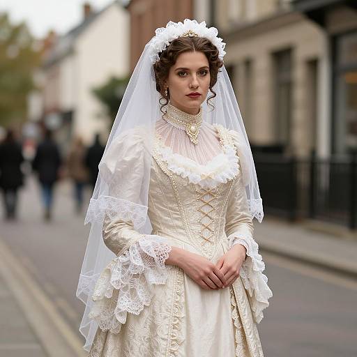 Photograph of a fair-skinned woman with brown curly hair, wearing an ornate white lace wedding dress and veil, standing on a blurred urban street