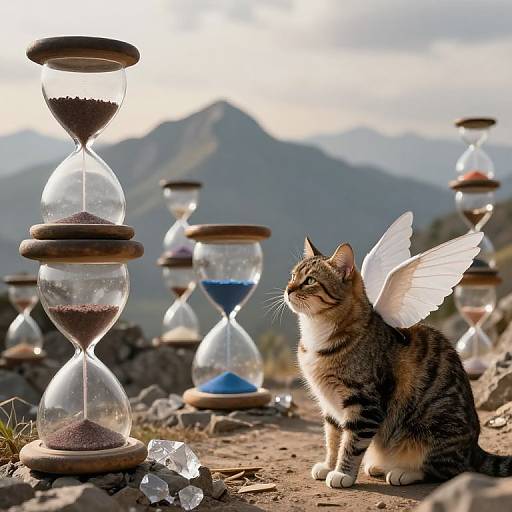 Photograph of a brown tabby cat with white wings sitting by a series of hourglasses, set against a mountainous backdrop.