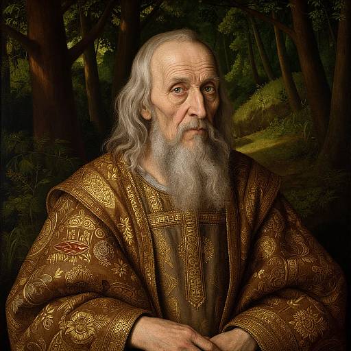 Photorealistic portrait of an elderly man with long gray hair and beard, wearing an ornate brown robe, set against a dark forest background.