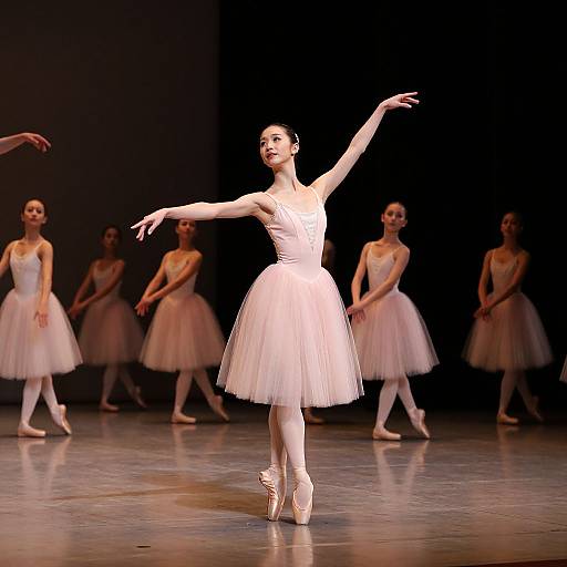 Photograph of a ballerina in a white tutu and pointe shoes, gracefully dancing center stage, with other dancers in the background.