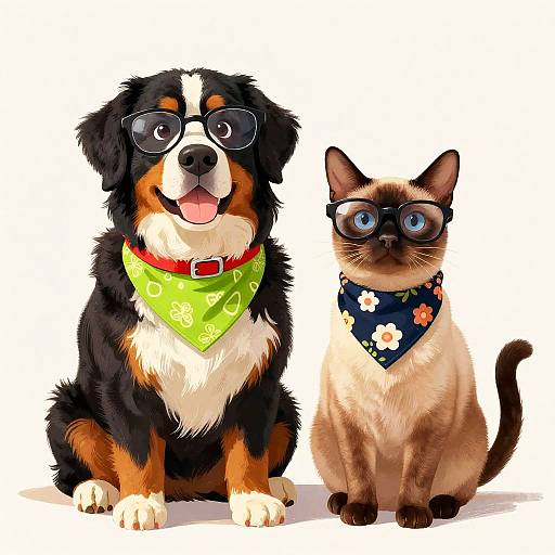 Charming Cartoon Bernese Dog and Burmese Cat