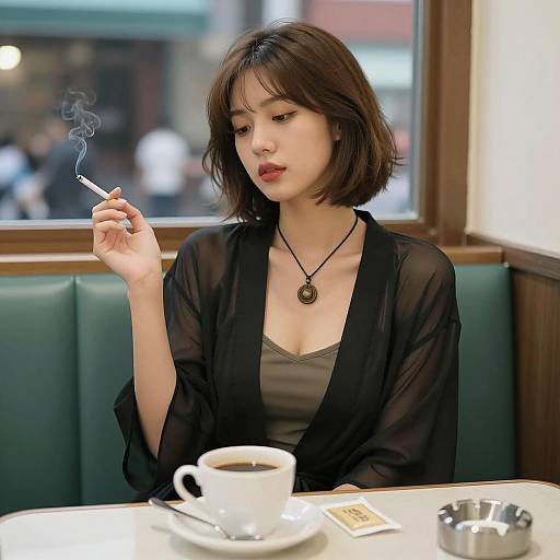 Woman Smoking in Café Booth
