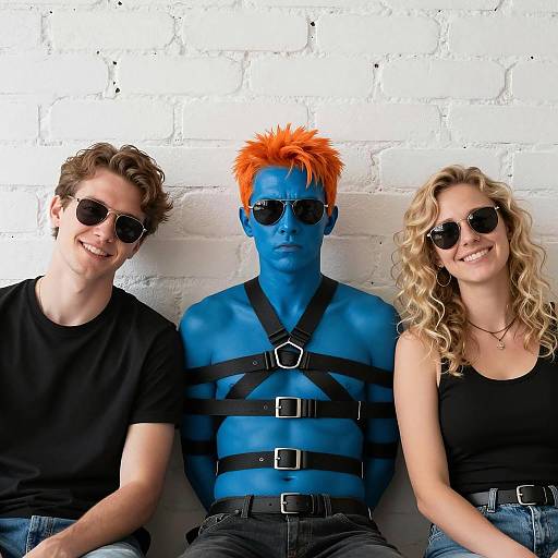 Three People with Blue Face Paint and Sunglasses