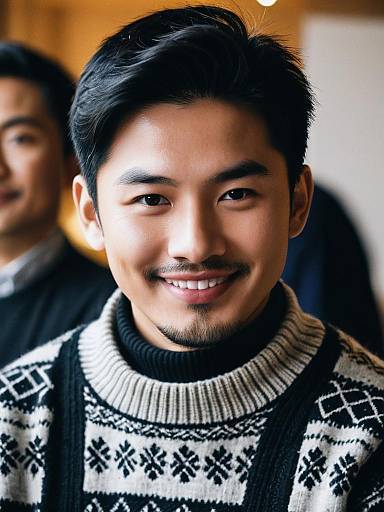 Smiling Asian Man in Patterned Sweater