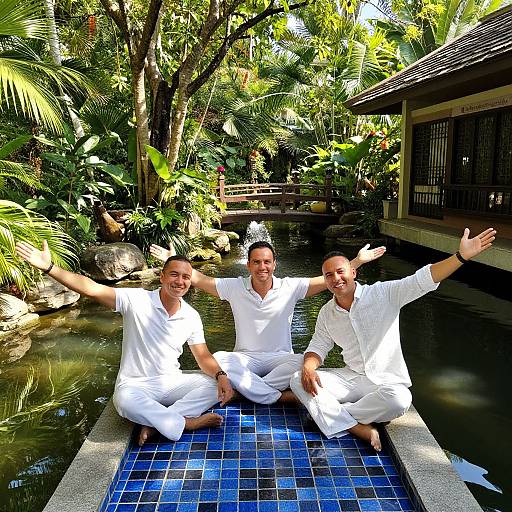 Three smiling men in white outfits sitting on blue-tiled edge of a lush, tropical garden pond, arms raised in joy. Photograph.