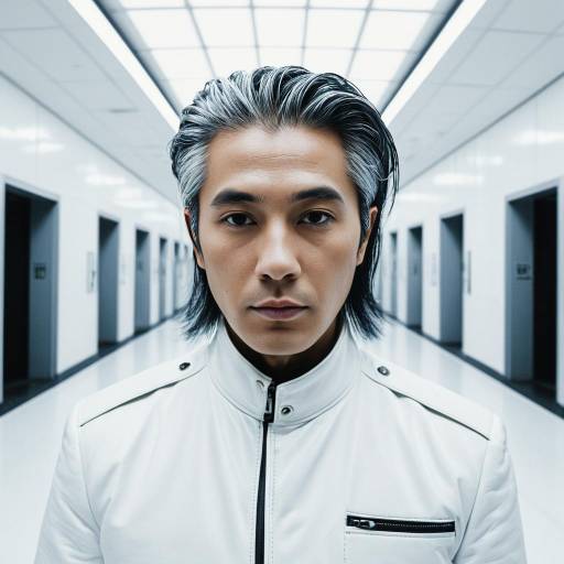Cyberpunk East Asian Man in White Futuristic Corridor Cyberpunk East Asian Man in White Futuristic Corridor
