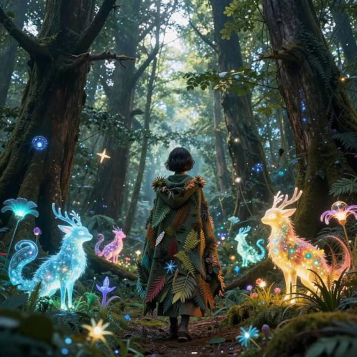 Digital fantasy artwork: Enchanted forest with luminescent, colorful deer-like creatures. A child with a feathered cloak stands, surrounded by glowing