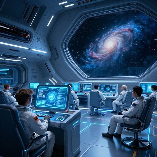 Photograph of a futuristic space control room with six astronauts in white uniforms, monitoring blue-lit computer screens, overlooking a swirling galaxy through a large hex