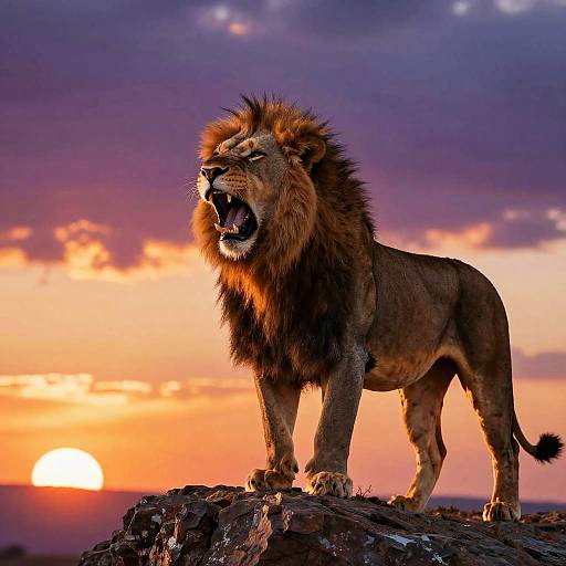 Photograph of a roaring male lion with a majestic mane standing on a rocky outcrop at sunset, with vibrant orange and purple sky in the background.