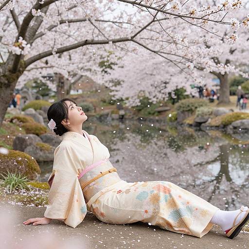 Asian woman in traditional white kimono with floral patterns, sitting under cherry blossom tree, eyes closed, relaxing by serene pond.