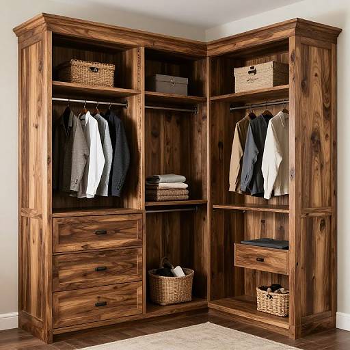Photograph of a wooden wardrobe with three open sections, featuring hanging clothes, wicker baskets, and drawers, set against a white wall.