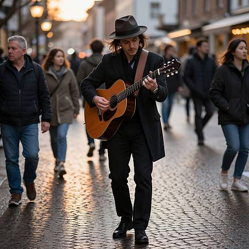 Photograph of a street musician with long hair, black coat, and brown hat, playing an acoustic guitar on a wet, cobblestone street,