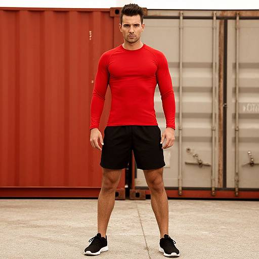 Photograph of a muscular man in a red long-sleeve shirt, black shorts, and black sneakers, standing confidently in front of red and gray