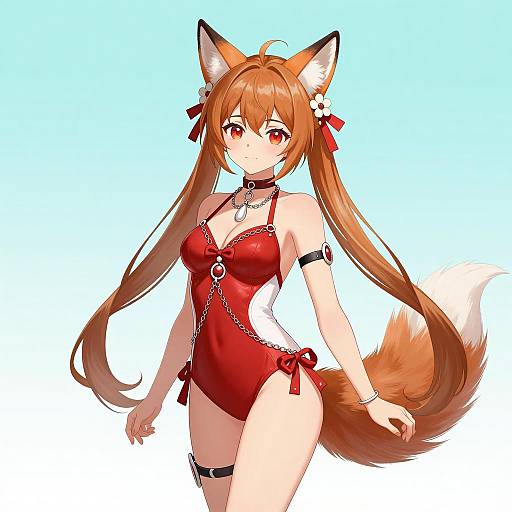 Anime Fox Girl in Red Swimsuit